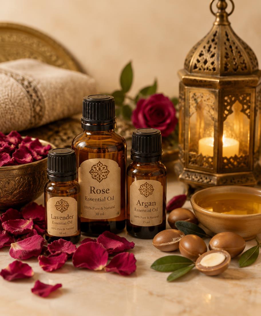 Rose, argan and lavender oils beside a brass lantern