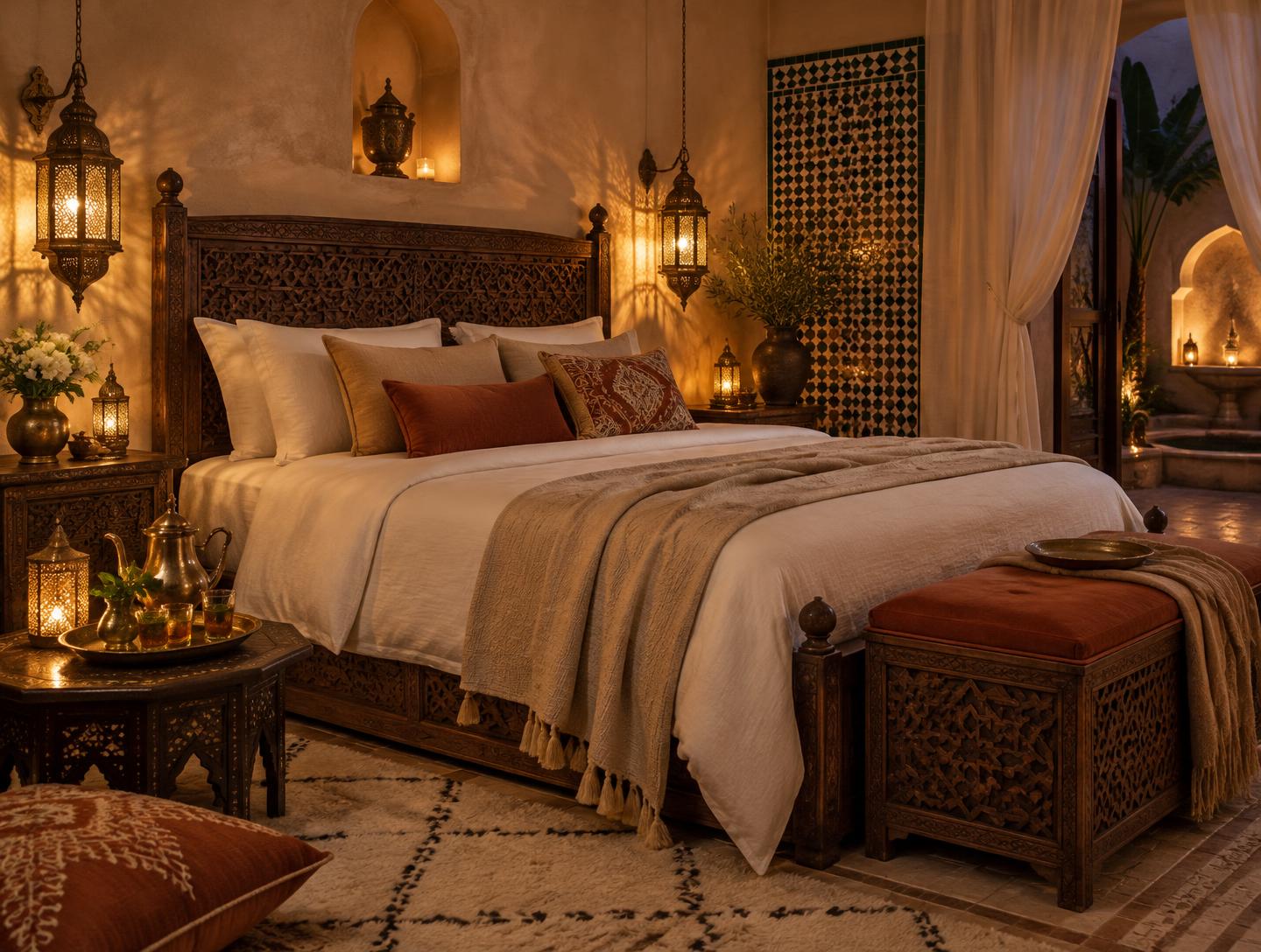 Private Moroccan-style bedroom with carved wooden bed and lanterns, available for rent
