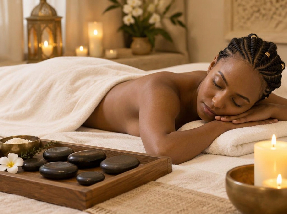Guest resting under towels beside a tray of warm basalt stones