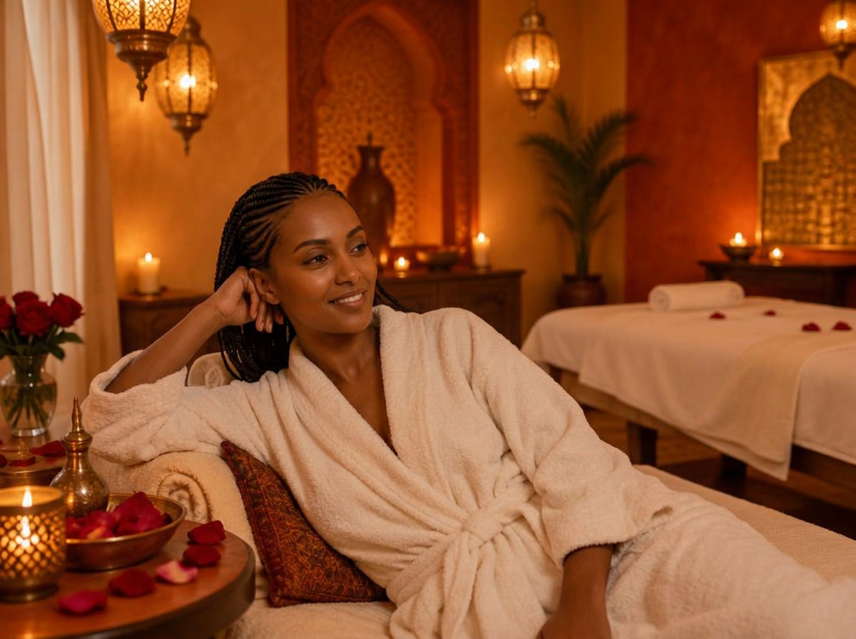 Guest unwinding in a robe in the lantern-lit couples room