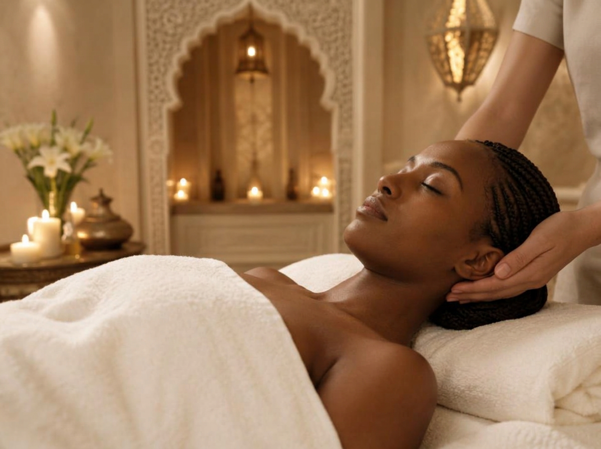 Guest relaxing during a head-and-neck treatment in candlelight