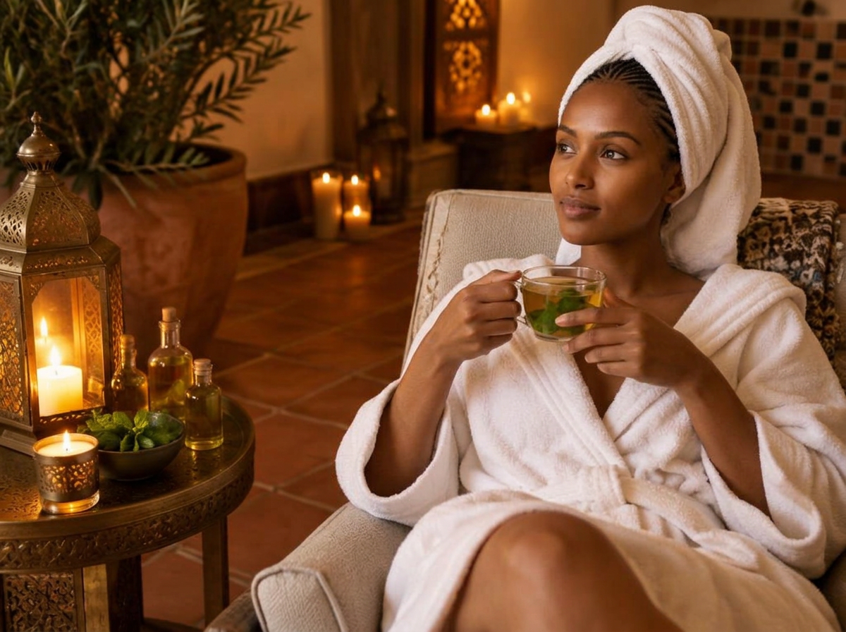 Guest enjoying mint tea after a ritual, oils and candles beside her