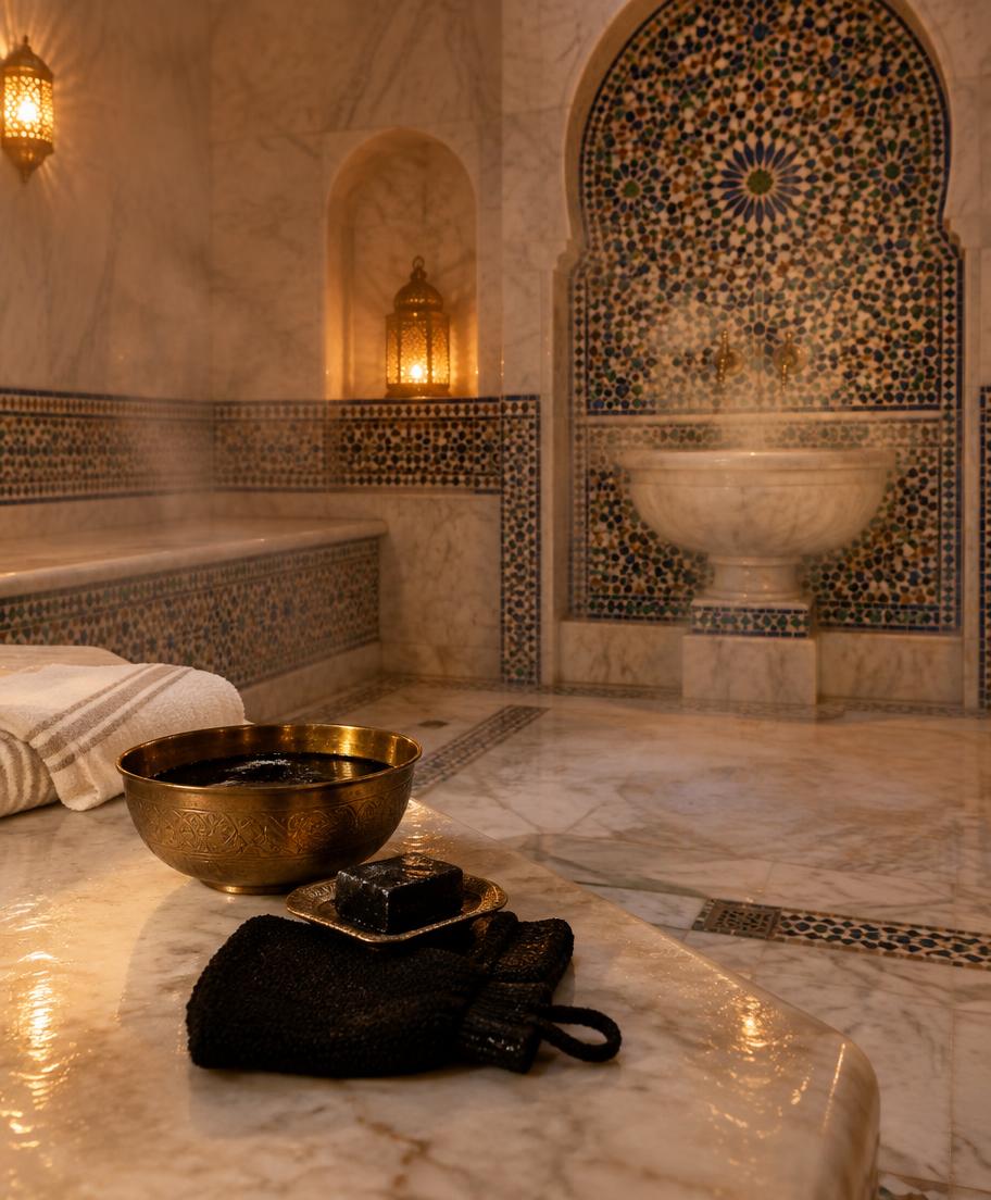 Marble hammam with mosaic fountain