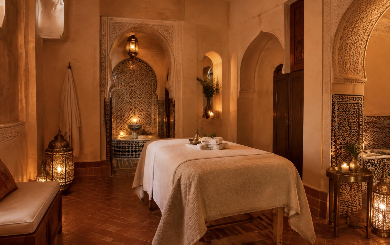 Candlelit Moroccan spa room with carved arches and lanterns