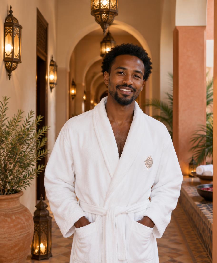 Smiling Ethiopian man in a robe in the lantern-lit corridor