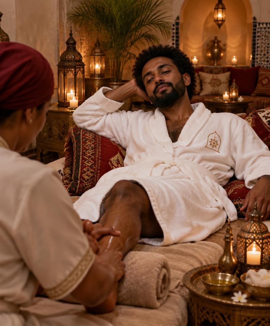 Ethiopian man receiving a foot massage in the lounge