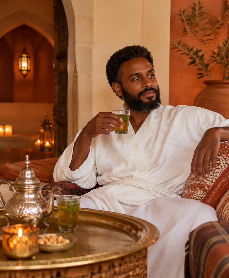 Ethiopian man enjoying mint tea after his treatment