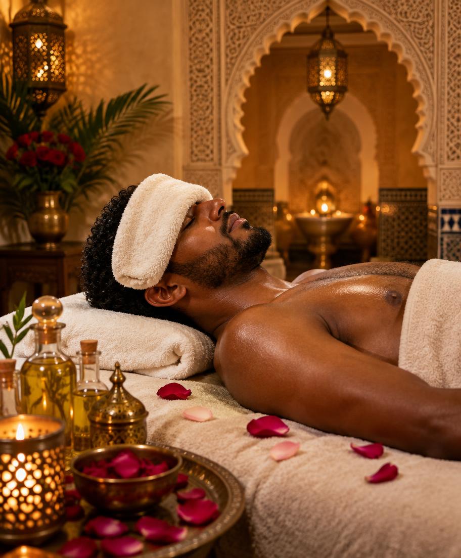 Ethiopian man resting with a warm towel and rose petals